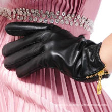 ZFYB Frauen halten warme schwarze Lederhandschuhe mit Reißverschluss